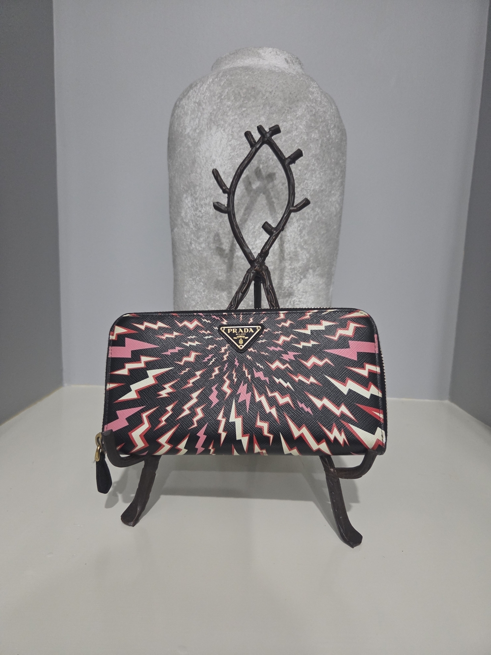 Prada Lightning Bolt Black Pink White Graphic Zip-Around Wallet / COA Included